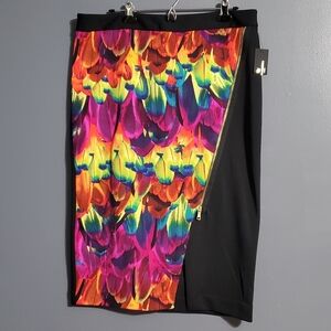 NWT Worthington Pencil Skirt Size 14W Bright Colors Black Feather Print Office